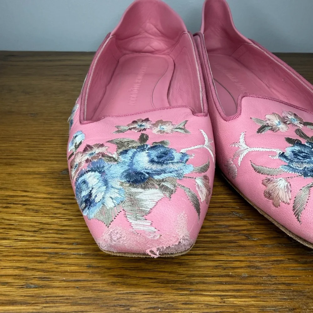 Alexander Mcqueen Size 37 • Pink Embroidered Ballet Loafer Flats Leather.